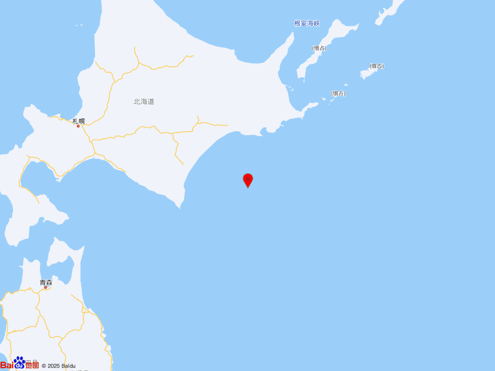 日本北海道附近海域（北纬42.25度，东经144.50度）发生6.0级地震